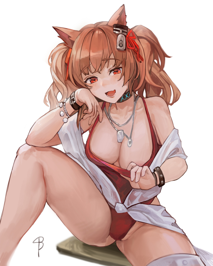 1girl, absurdres, angelina_(arknights), angelina_(summer_flowers)_(arknights), animal_ears, arknights, bangs, bare_shoulders, breasts, brown_hair, commentary_request, fox_ears, hair_between_eyes, head_rest, highres, infection_monitor_(arknights), knee_up, lan_xiezi, large_breasts, long_hair, looking_at_viewer, off_shoulder, one-piece_swimsuit, red_eyes, red_swimsuit, simple_background, sitting, smile, solo, swimsuit, thigh_strap, thighs, twintails, white_background