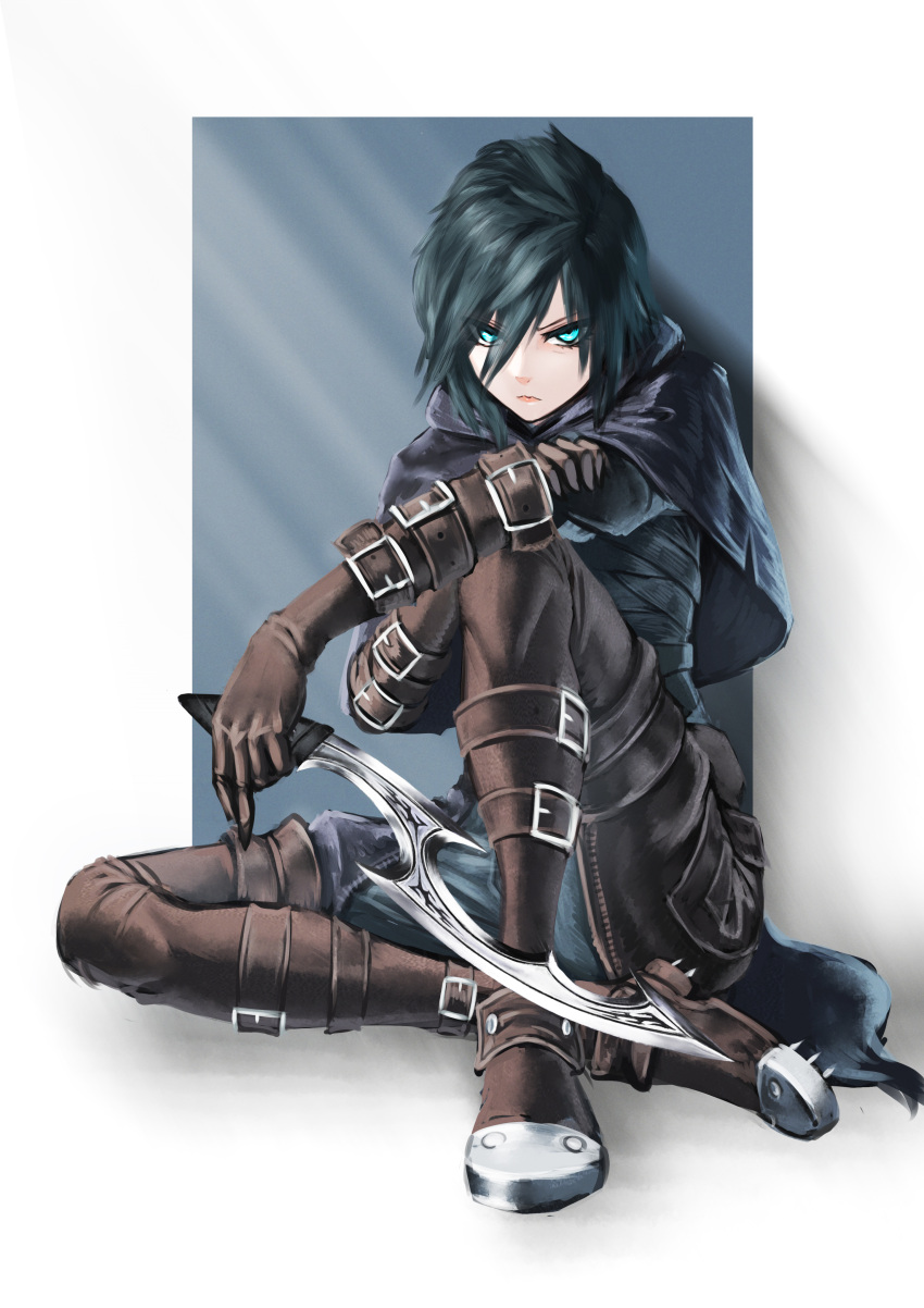 1girl, absurdres, belt, black_hair, blue_eyes, boots, capelet, cleats