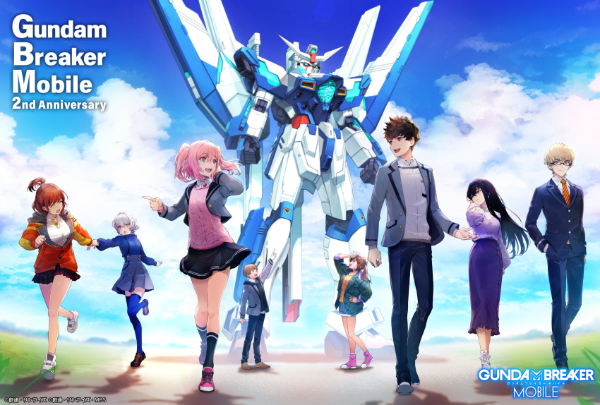 3boys, 5girls, ^_^, absurdres, aizen_touma, anniversary, black_hair, black_skirt