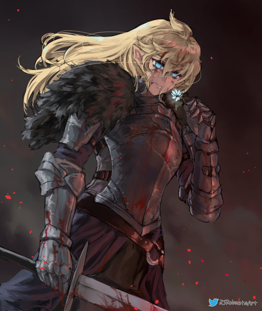 1girl, armor, black_armor, blonde_hair, blood, blood_on_face, bloody_clothes, bloody_hair, bloody_weapon, blue_eyes, breastplate, commentary_request, commission, cowboy_shot, embers, flower, gauntlets, hair_between_eyes, highres, holding, holding_flower, holding_sword, holding_weapon, knight, long_hair, original, plate_armor, pointy_ears, robusta_mania, smoke, solo, standing, sword, twitter_logo, twitter_username, watermark, weapon