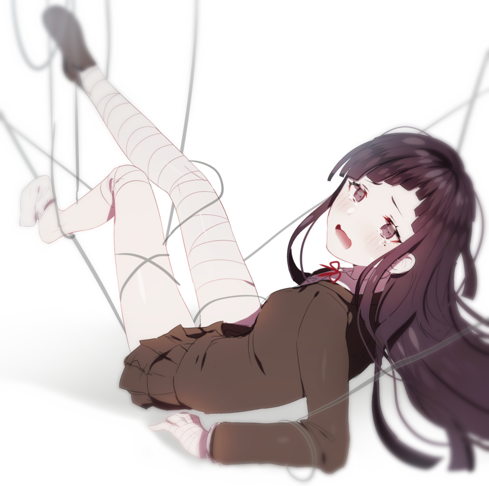1girl, bandaged_hands, bandaged_leg, bandages, bangs, black_hair, blush, brown_jacket