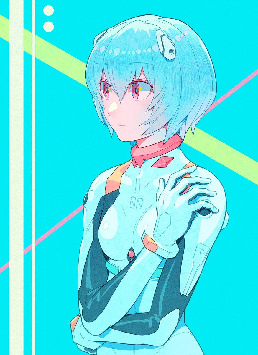 1girl, aqua_hair, aqua_theme, ayanami_rei, bodysuit, eyebrows_visible_through_hair, hair_between_eyes, highres