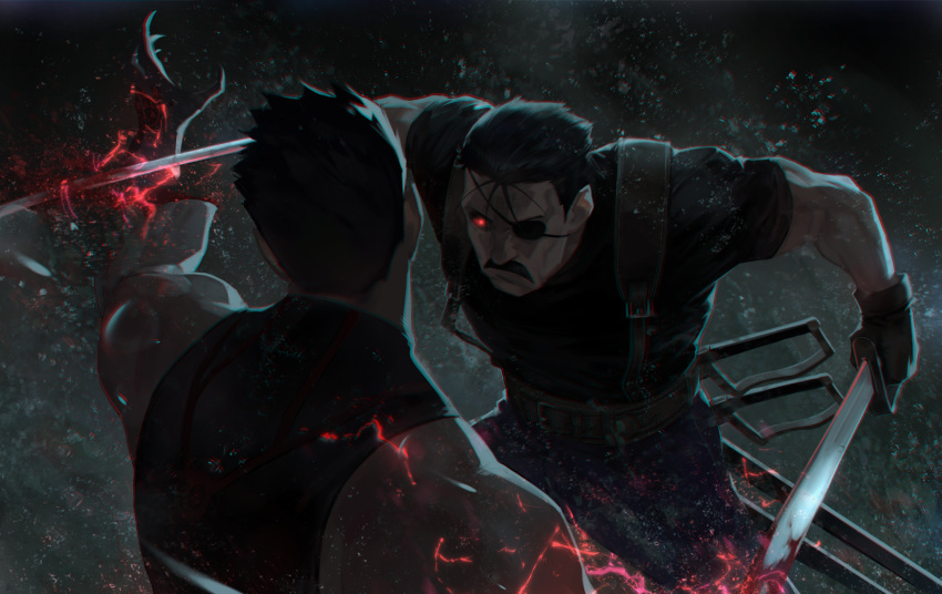 2boys, battle, black_gloves, black_hair, black_shirt, blood, commentary, dual_wielding, eyepatch, facial_hair, fullmetal_alchemist, gloves, glowing, glowing_eye, greed_(fma), highres, holding, holding_sword, holding_weapon, jhc_kai, king_bradley, male_focus, multiple_boys, muscular, muscular_male, mustache, pants, red_eyes, severed_hand, shirt, short_hair, short_sleeves, sleeveless, sleeveless_shirt, suspenders, sword, weapon