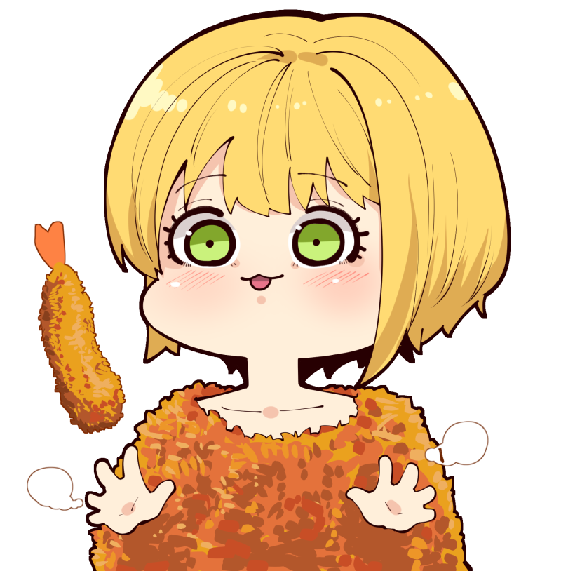 1girl, :3, blonde_hair, bob_cut, chibi, food, green_eyes, hands_up