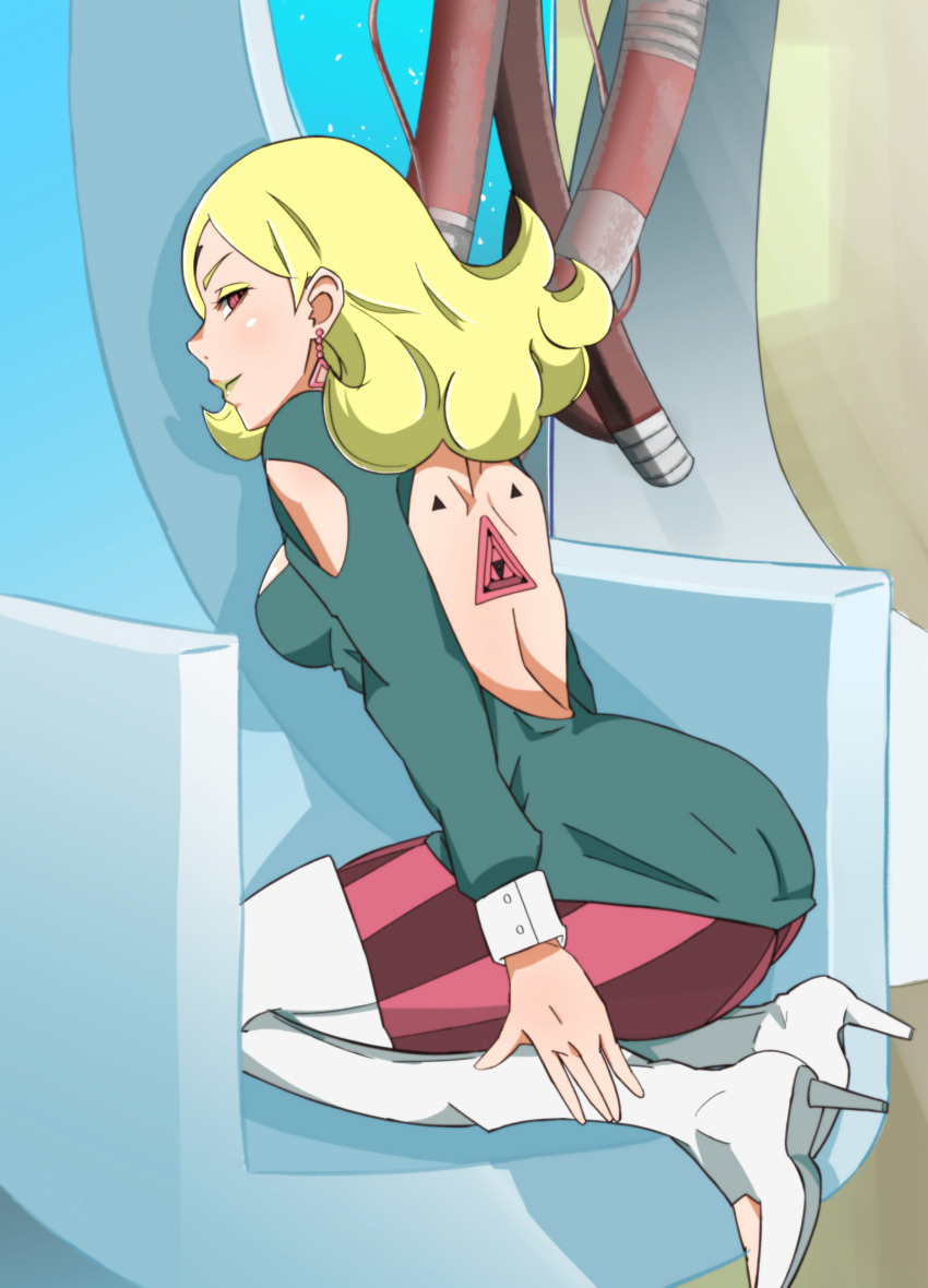 1girl, ass, blonde_hair, boots, boruto:_naruto_next_generations, boruto:_naruto_the_movie, delta_(boruto), earrings, from_behind, highres, hiropon_(hjxp2347), jewelry, long_hair, looking_at_viewer, looking_back, naruto, naruto_(series), pantyhose, red_eyes, smile, solo, thigh-highs, thigh_boots, white_footwear