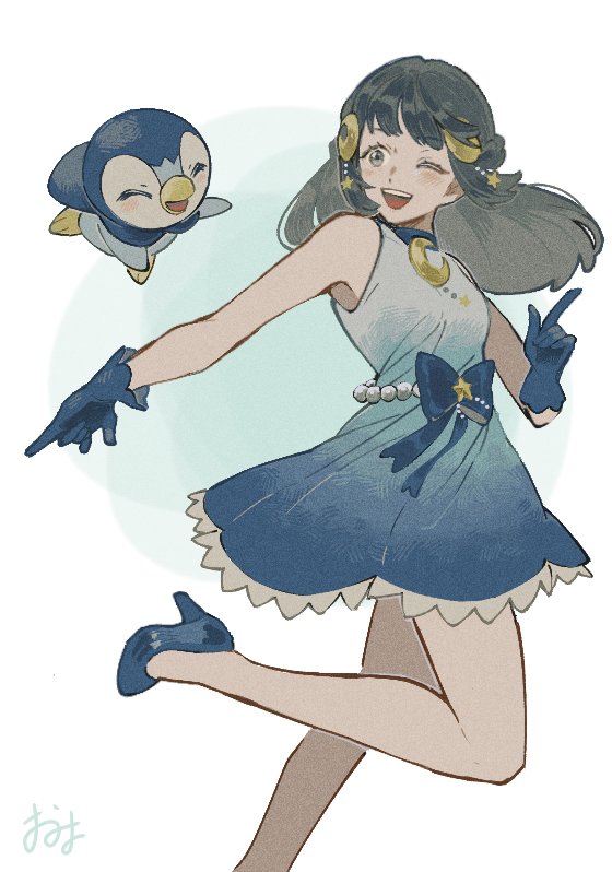 1girl, ;d, bangs, bare_arms, blue_dress, blue_footwear, blue_gloves, blush, crescent, crescent_hair_ornament, hikari_(pokemon), dress, eyelashes, floating_hair, gen_4_pokemon, gloves, gradient_dress, grey_eyes, hair_ornament, high_heels, long_hair, omyo_(myomyomyo22), one_eye_closed, open_mouth, piplup, pokemon, pokemon_(anime), pokemon_(creature), pokemon_dppt_(anime), shiny, shiny_hair, signature, sleeveless, sleeveless_dress, smile, starter_pokemon, symbol_commentary, tongue, upper_teeth