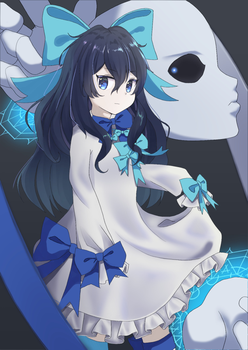 1girl, 1other, black_background, black_hair, black_sclera, blue_eyes, bow, clothes_lift