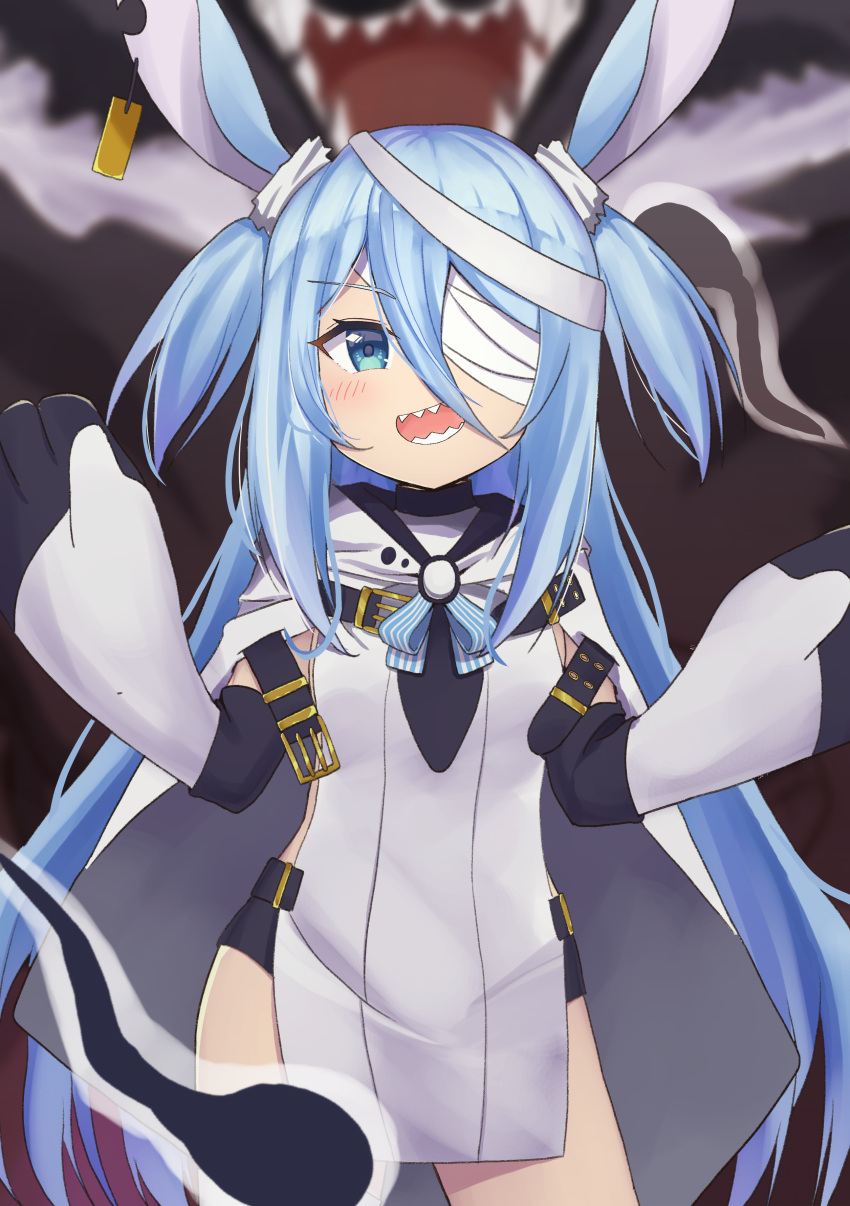 1girl, 1other, absurdres, animal_ears, arm_up, bandage_over_one_eye, bandages, bear