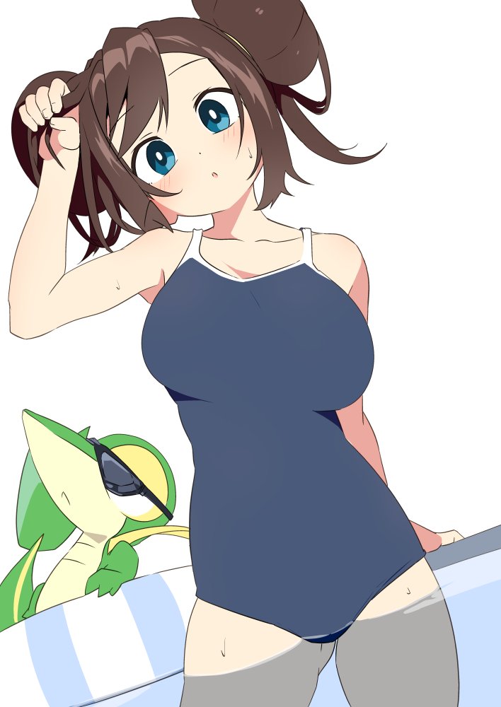 1girl, alternate_breast_size, alternate_costume, alternate_hairstyle, bangs, bare_arms, blue_eyes, blush, breasts, bright_pupils, brown_hair, collarbone, double_bun, gen_5_pokemon, grey_swimsuit, hand_up, large_breasts, looking_at_viewer, one-piece_swimsuit, parted_lips, pokemon, pokemon_(creature), pokemon_(game), pokemon_bw2, rosa_(pokemon), snivy, starter_pokemon, sunglasses, swimsuit, tottotonero, water, wet, white_pupils