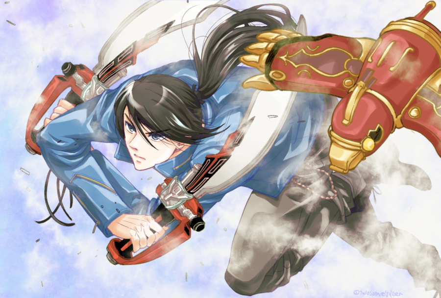 1boy, black_hair, blue_eyes, blue_jacket, cutlass_(sword), dual_wielding, frown, higashiyama_kazuko
