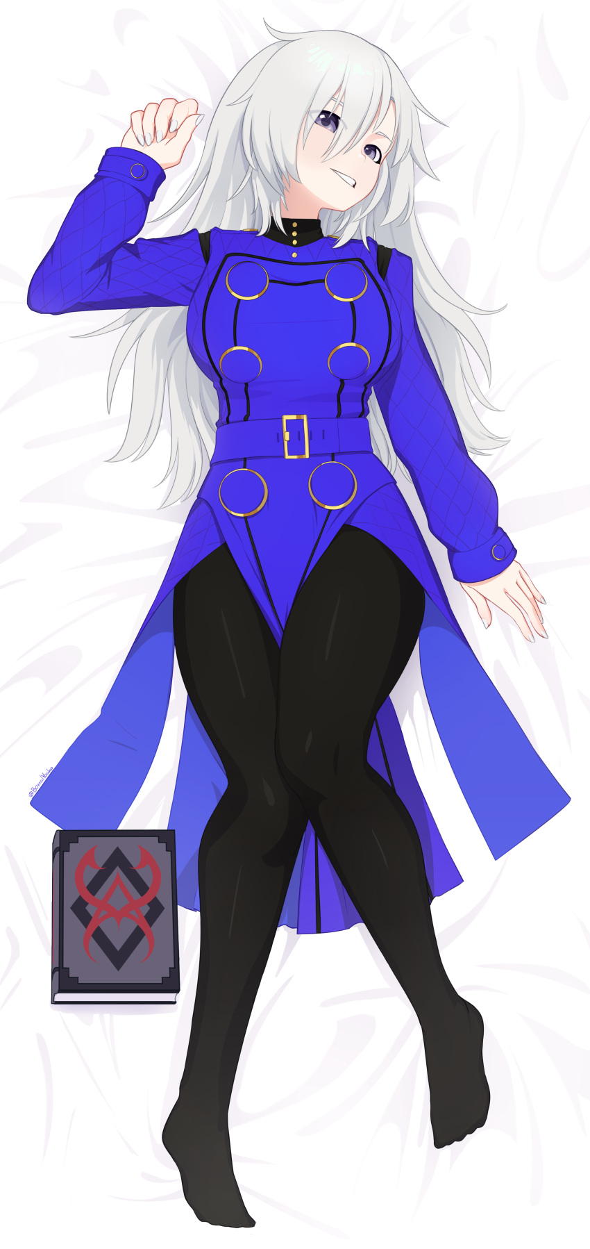 1girl, absurdres, black_legwear, blue_dress, book, breasts, buttons, commission, cosplay, dakimakura_(medium), double-breasted, dress, fingernails, full_body, hair_between_eyes, highres, knees_together_feet_apart, large_breasts, long_hair, long_sleeves, looking_at_viewer, lying, margaret_(persona), margaret_(persona)_(cosplay), nail_polish, on_back, pantyhose, persona, persona_4, smile, solo, violet_eyes, white_hair, white_nails, yoako