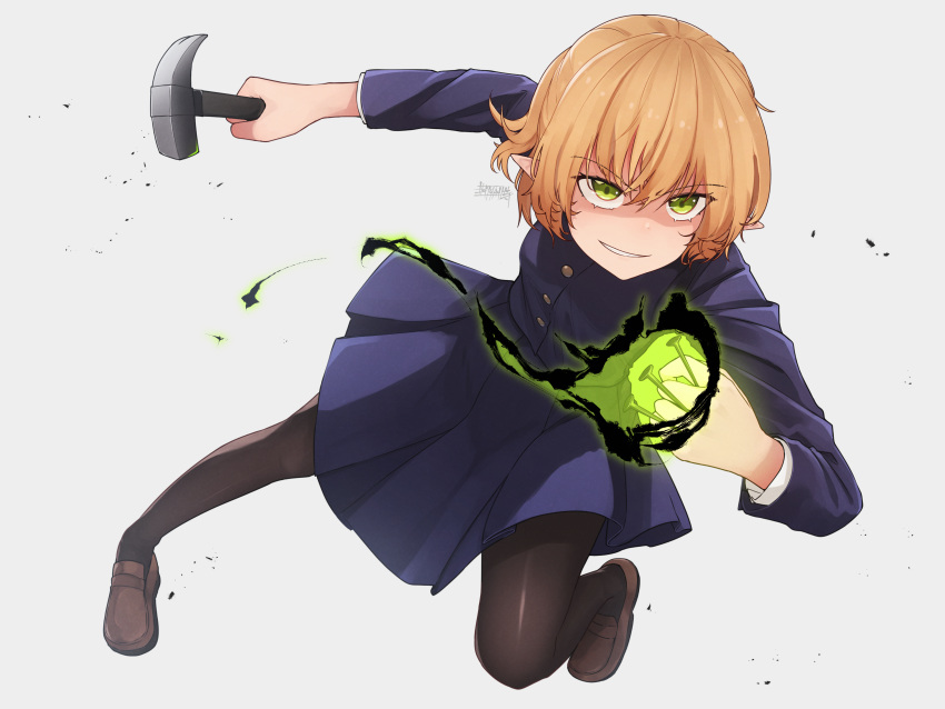 1girl, absurdres, alternate_costume, bangs, between_fingers, black_legwear, blonde_hair, blue_jacket, blue_skirt, brown_footwear, commentary_request, cosplay, eyebrows_visible_through_hair, full_body, green_eyes, grin, hair_between_eyes, hammer, highres, holding, holding_hammer, jacket, jujutsu_kaisen, kugisaki_nobara, kugisaki_nobara_(cosplay), mizuhashi_parsee, nail, pantyhose, pointy_ears, senzaicha_kasukadoki, shirt, shoes, short_hair, signature, simple_background, skirt, smile, solo, touhou, white_background, white_shirt