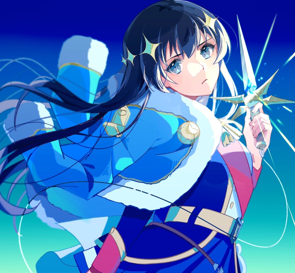 1girl, aqua_background, bangs, belt, blue_background, blue_eyes, blue_hair, blue_jacket