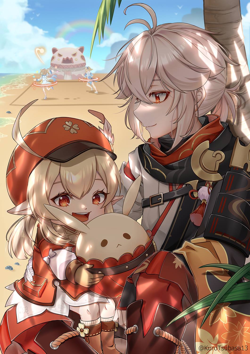 1boy, 3girls, :d, ahoge, antenna_hair, bangs, barbara_(genshin_impact), barbara_(summertime_sparkle)_(genshin_impact)