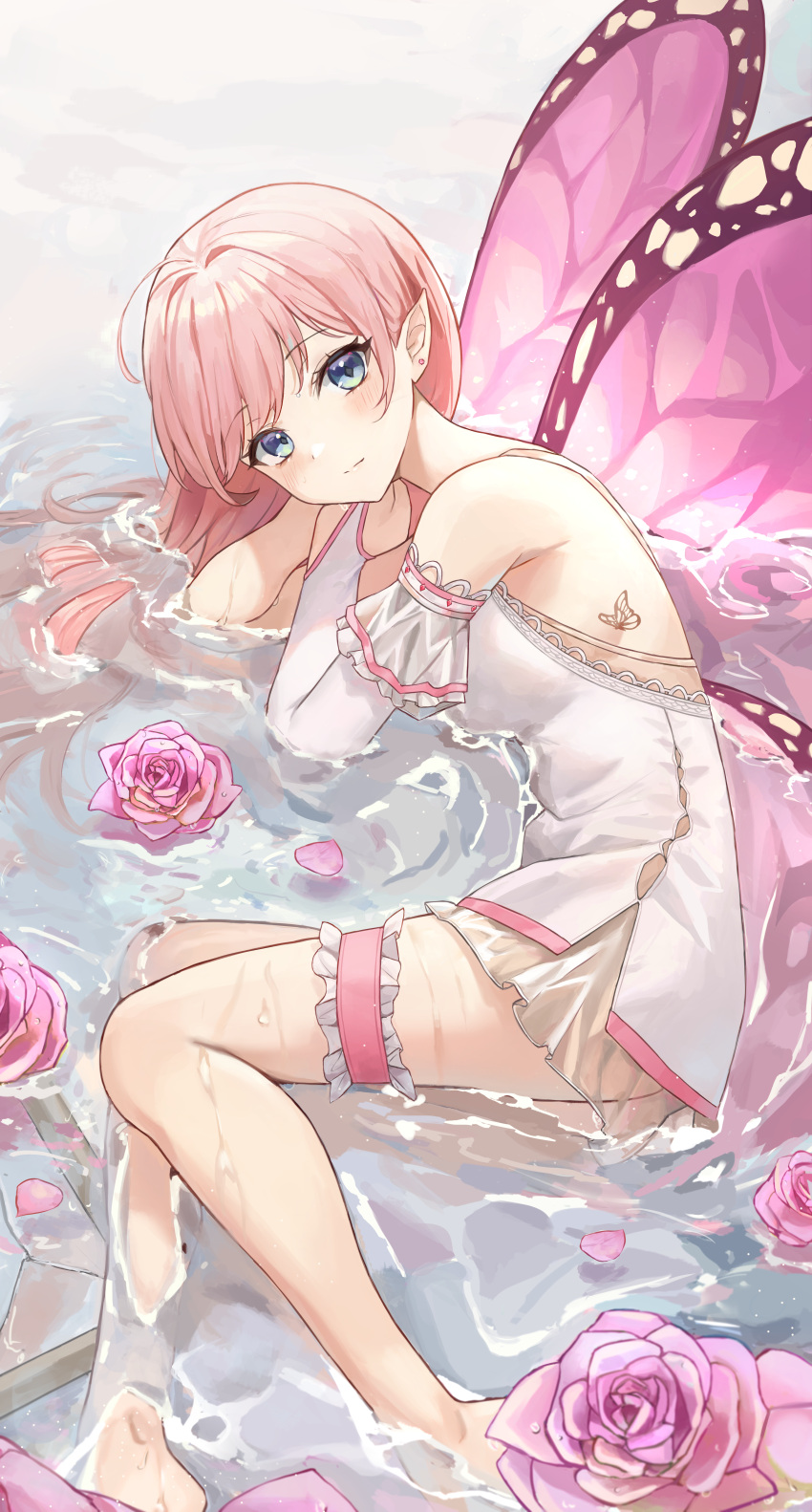 1girl, absurdres, aqua_eyes, bare_shoulders, barefoot, bridal_gauntlets, bug, butterfly