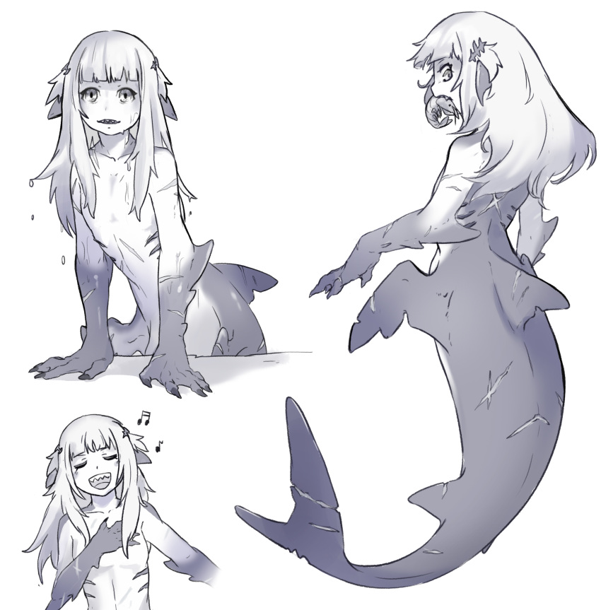 1girl, absurdres, back, closed_eyes, fish_tail, flat_chest, food_in_mouth, gawr_gura