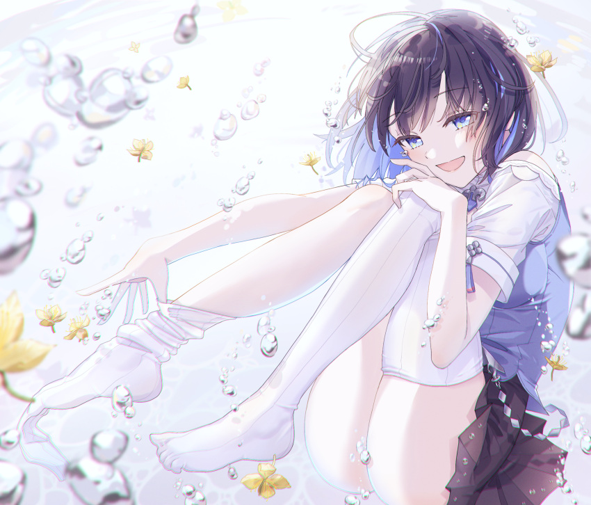 1girl, air_bubble, bangs, black_hair, black_skirt, blouse, blue_blouse, blue_eyes