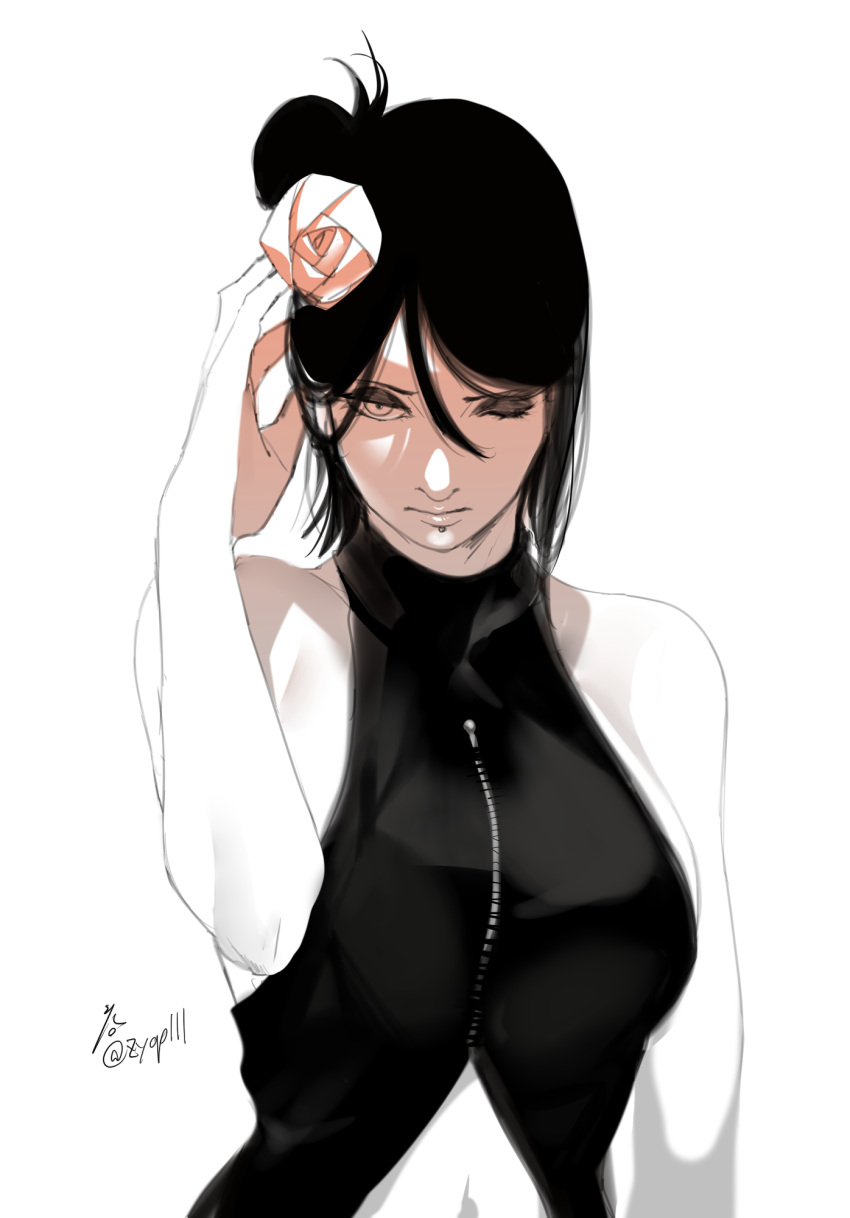 1girl, arm_up, bare_shoulders, breasts, closed_mouth, eyeshadow, flower, hair_flower