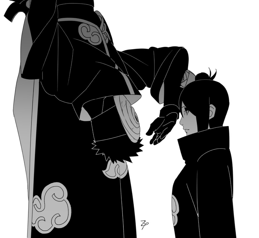 1boy, 1girl, akatsuki_(naruto), akatsuki_uniform, arm_up, black_coat, closed_mouth, coat