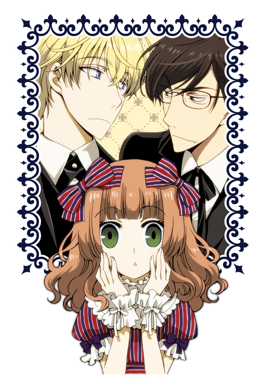 1girl, 2boys, :o, bangs, blonde_hair, blue_eyes, blunt_bangs, bow