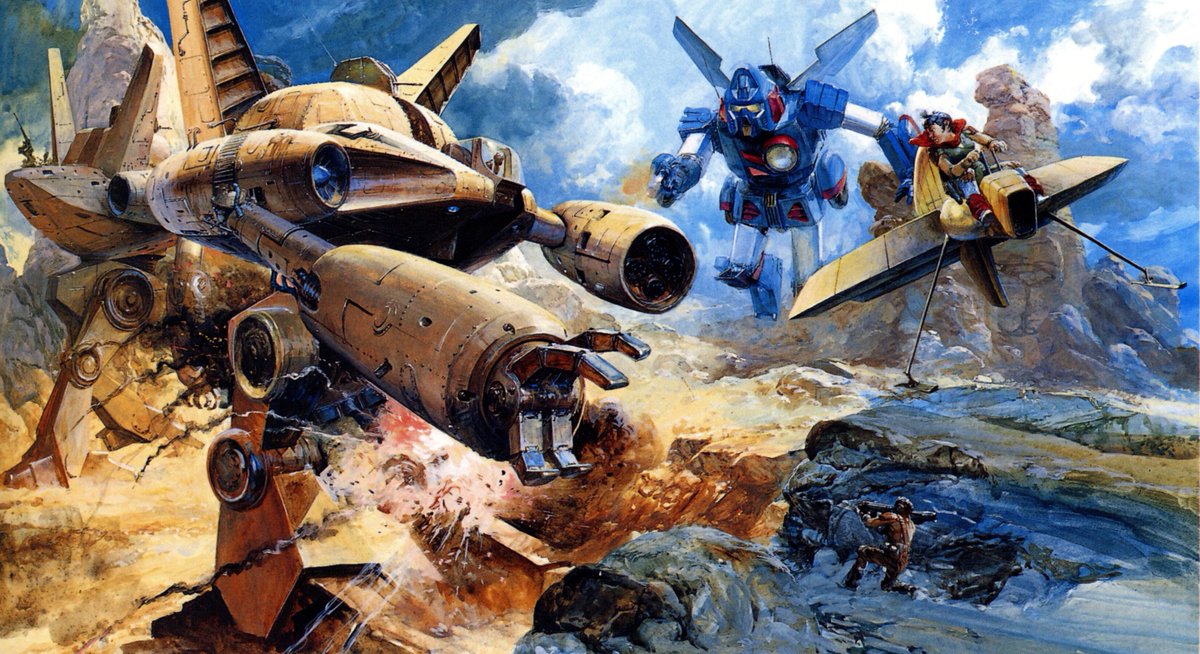 1980s_(style), battle, desert, hover_bike, hover_vehicle, mecha, mountain, official_art