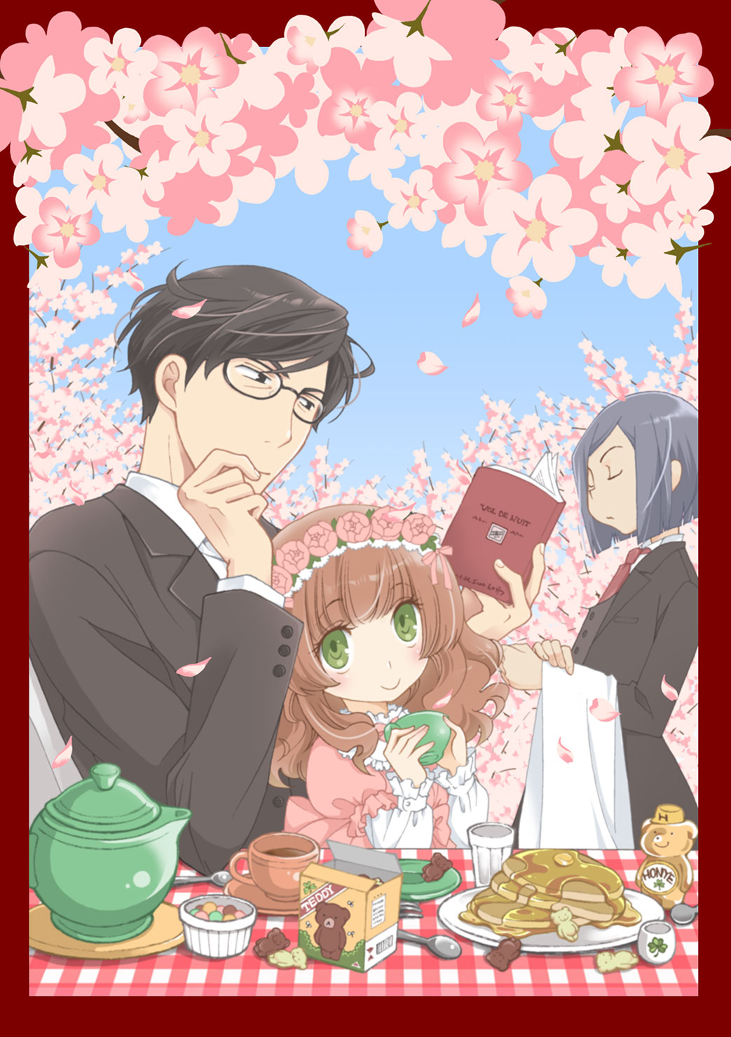 1girl, 2boys, alfred_(papakoi), bangs, black_hair, blue_hair, blunt_bangs, blush, book, brown_hair, cherry_blossoms, child, closed_eyes, cookie, cup, flower, food, formal, glasses, green_eyes, hairband, hand_on_own_chin, head_rest, highres, holding, holding_book, holding_cup, honey, karen_(koisuru_ojou-sama_wa_papa_to_yobitakunai), kinoshita_sakura, koisuru_ojou-sama_wa_papa_to_yobitakunai, lolita_fashion, lolita_hairband, long_hair, multiple_boys, official_art, outdoors, pancake, petals, pink_flower, puffy_sleeves, reading, short_hair, sitting, sitting_on_lap, sitting_on_person, smile, stack_of_pancakes, suit, sweet_lolita, tea, teacup, teapot, waiter, wavy_hair, yashiro_masamune