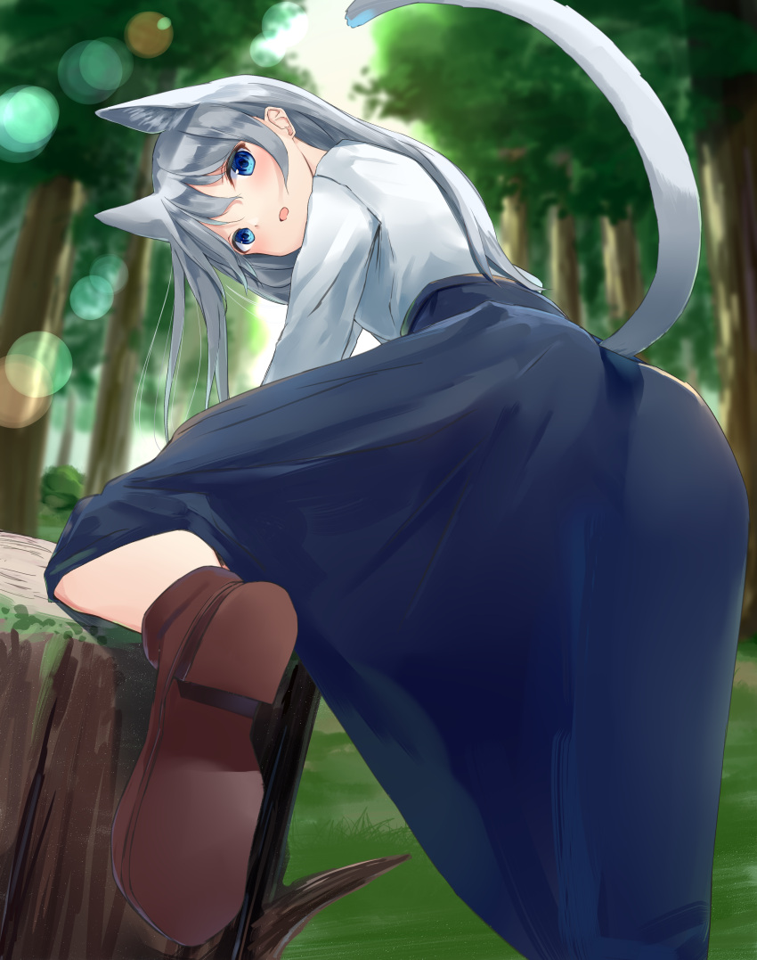 1girl, absurdres, akinakesu-chan, animal_ears, ass, bangs, blue_eyes, blue_skirt