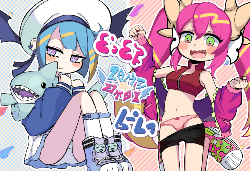 2girls, bangs, bare_shoulders, bike_shorts, bike_shorts_pull, blonde_hair, blue_footwear, blue_hair