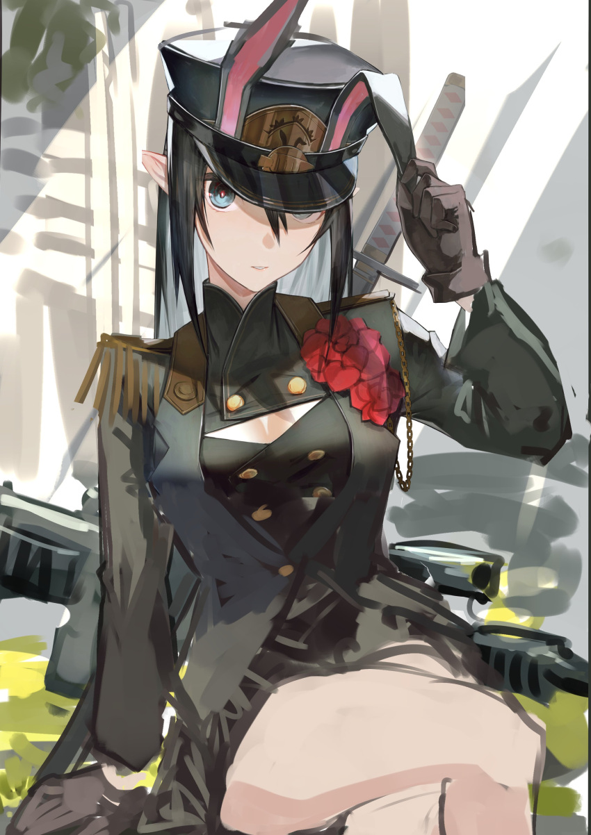 1girl, absurdres, animal_ears, bare_legs, black_hair, breasts, coat, crossed_legs