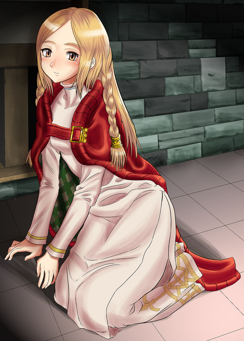 blonde_hair, braid, cloak, dress, female, final_fantasy, final_fantasy_tactics, long_hair, ovelia_atkascha, ptai, sitting, solo, yellow_eyes