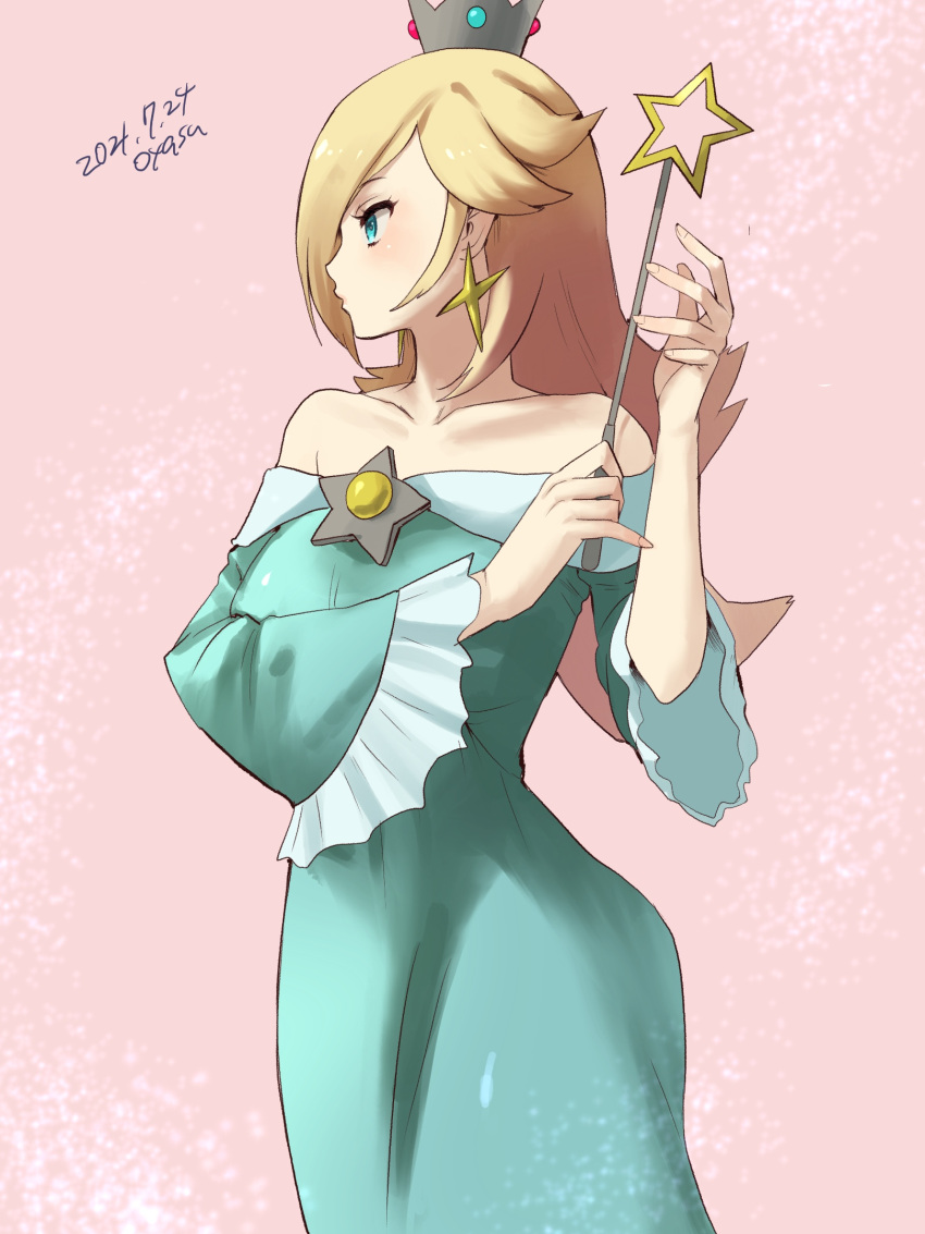 1girl, aqua_dress, artist_name, bangs, bare_shoulders, blonde_hair, blue_eyes, brooch, collarbone, crown, dated, dress, earrings, hair_over_one_eye, highres, holding, holding_wand, jewelry, long_hair, long_sleeves, looking_to_the_side, super_mario_bros., off_shoulder, oyasu, rosalina, solo, star_(symbol), star_earrings, super_mario_galaxy, wand, wide_sleeves