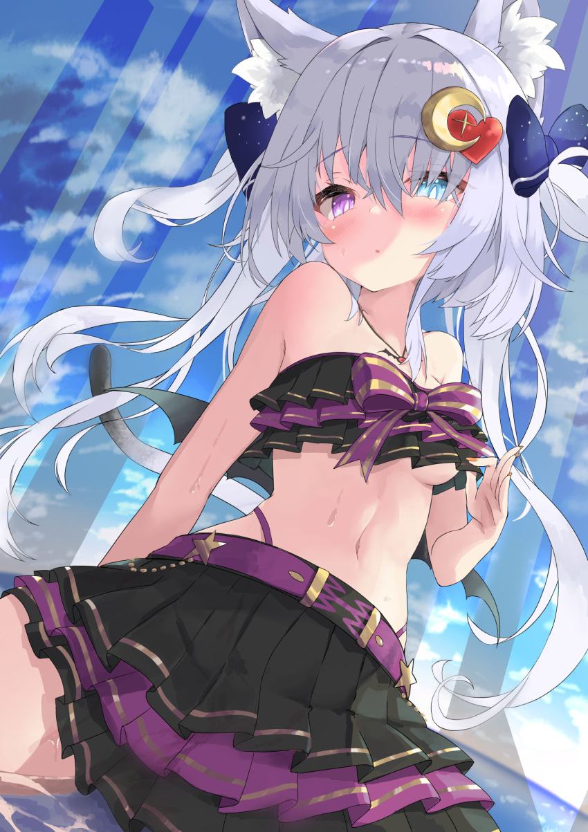 1girl, animal_ear_fluff, animal_ears, bangs, bare_arms, bare_shoulders, bikini, black_bikini, black_wings, blue_bow, blue_eyes, bow, breasts, commentary_request, commission, crescent, crescent_hair_ornament, day, eyebrows_visible_through_hair, hair_between_eyes, hair_bow, hair_ornament, hand_up, heart, heart_hair_ornament, heterochromia, highleg, highres, long_hair, medium_breasts, mini_wings, navel, nyahu_(nyahu_77), outdoors, shallow_water, silver_hair, sitting, skeb_commission, solo, swimsuit, tail, two_side_up, under_boob, very_long_hair, violet_eyes, vrchat, water, wings