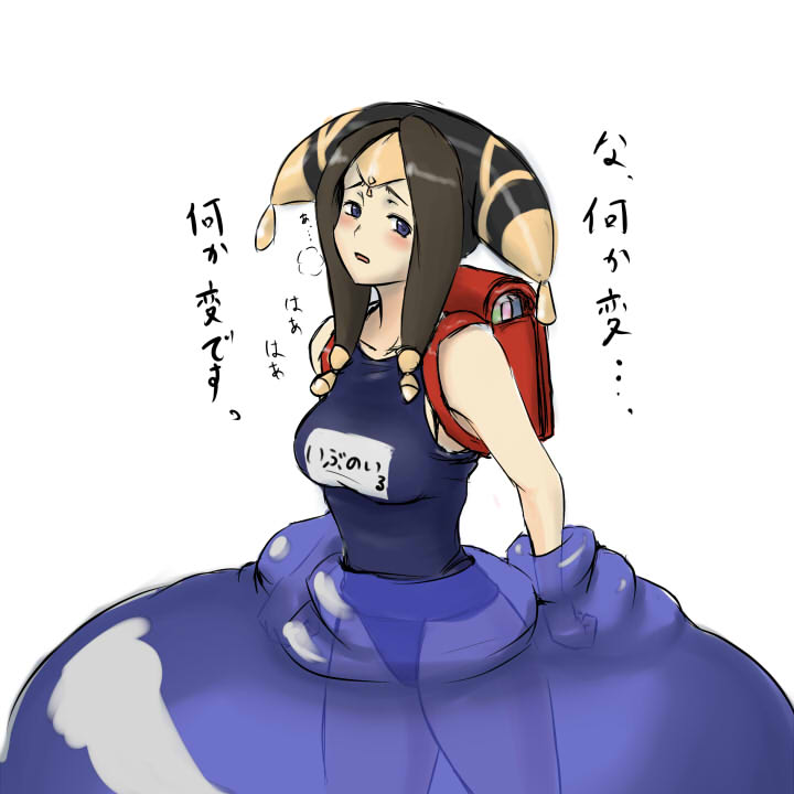 backpack, blue_eyes, blush, brown_hair, female, final_fantasy, final_fantasy_xi, hat, long_hair, okiku, one-piece, one-piece_swimsuit, swimsuit, yve'noile