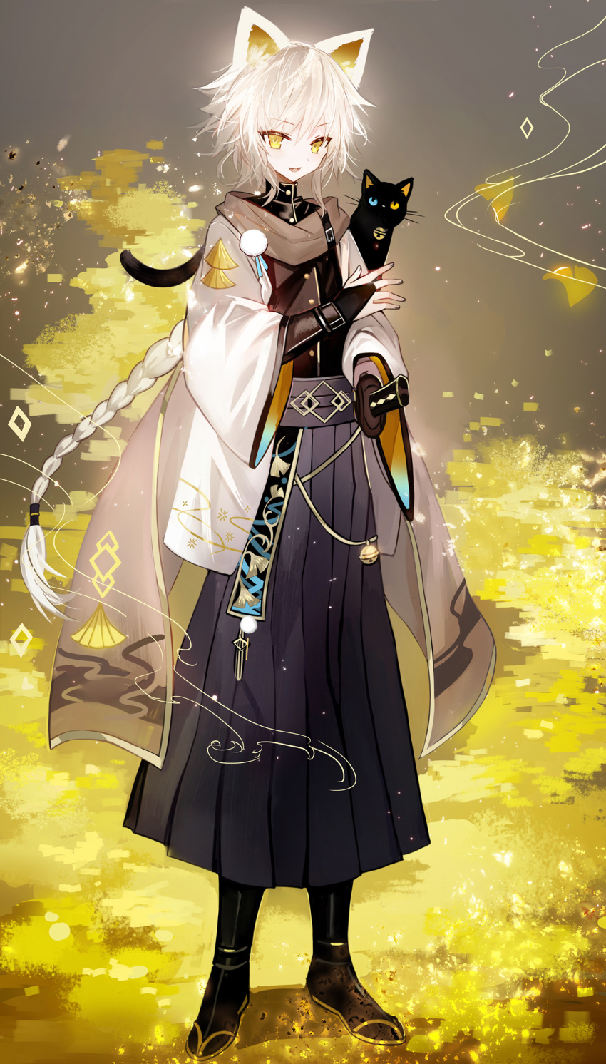 1boy, absurdres, animal_ears, animal_on_shoulder, bangs, black_cat, black_gloves, black_hakama