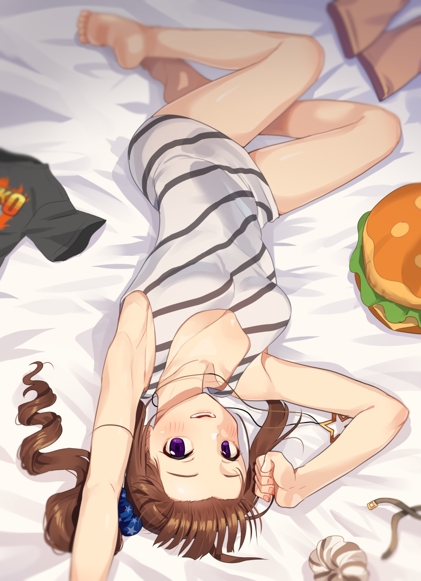 1girl, ahoge, arm_up, barefoot, bed_sheet, black_shirt, blue_scrunchie, brown_hair