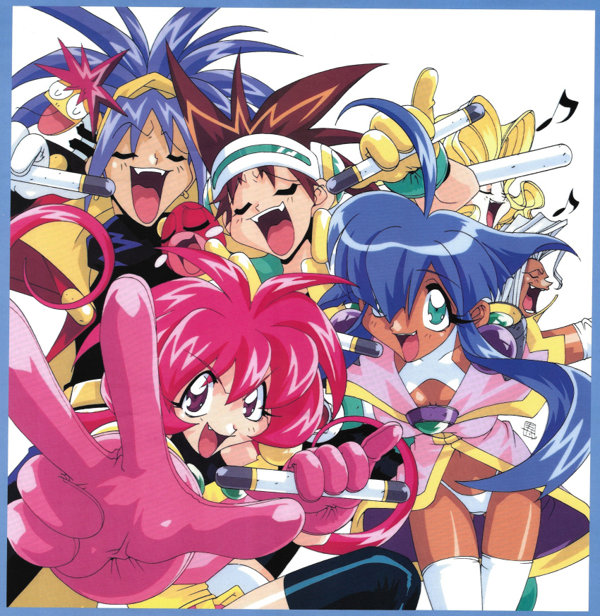 1990s_(style), 3boys, 3girls, absurdres, ahoge, aqua_eyes, baba_lemonade, bangs