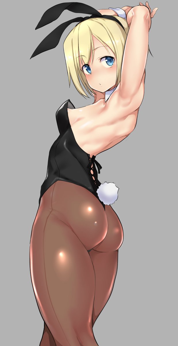 1girl, animal_ears, armpits, arms_behind_head, black_leotard, blonde_hair, blue_eyes, brown_legwear, buta-don, cowboy_shot, detached_collar, erica_hartmann, grey_background, highres, leotard, pantyhose, playboy_bunny, rabbit_ears, rabbit_tail, seamed_legwear, short_hair, side-seamed_legwear, simple_background, solo, standing, strapless, strapless_leotard, strike_witches, tail, world_witches_series, wrist_cuffs