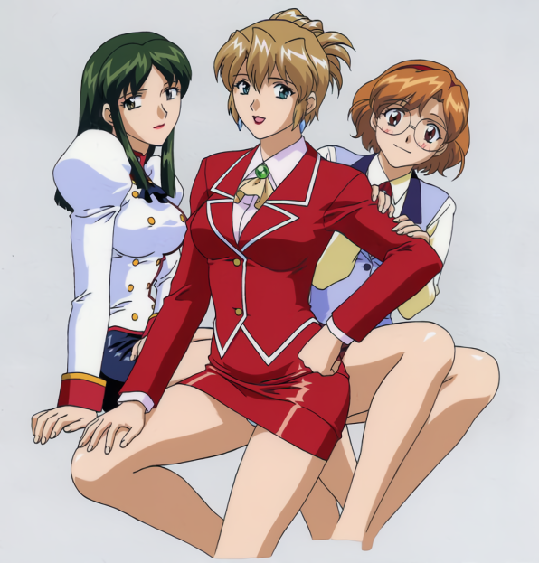 1990s_(style), 3girls, agent_aika, aida_rion, aika_(series), ascot, bangs, bare_legs
