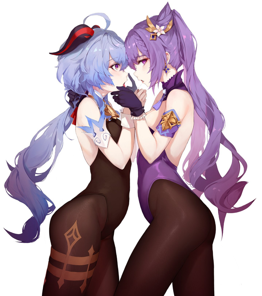 2girls, ahoge, arched_back, ass, bangs, bare_shoulders, bell, black_gloves, black_legwear, black_leotard, blue_hair, braid, breasts, commentary, cowbell, detached_collar, earrings, eyebrows_visible_through_hair, finger_on_nose, frilled_gloves, frills, from_side, ganyu_(genshin_impact), genshin_impact, gloves, goat_horns, hair_ornament, hands_up, highres, hiki_niito, horns, jewelry, keqing_(genshin_impact), leotard, long_hair, multiple_girls, open_mouth, pantyhose, parted_lips, profile, purple_hair, purple_leotard, saliva, saliva_trail, shiny, shiny_hair, sidelocks, simple_background, strapless, strapless_leotard, thighs, tongue, tongue_out, violet_eyes, white_background, wrist_cuffs, yuri