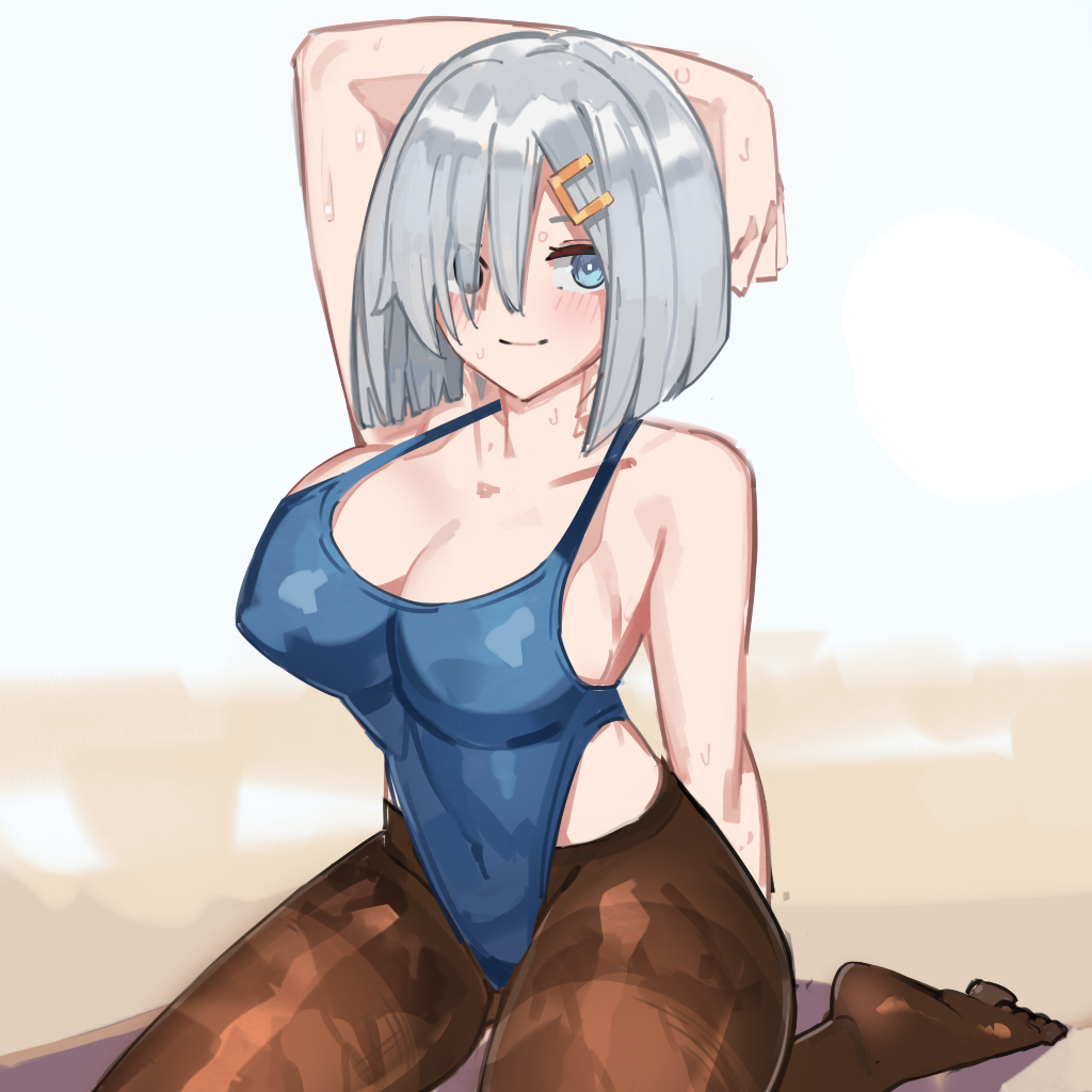 1girl, black_legwear, blue_eyes, blue_leotard, breasts, commentary_request, covered_navel, hair_ornament