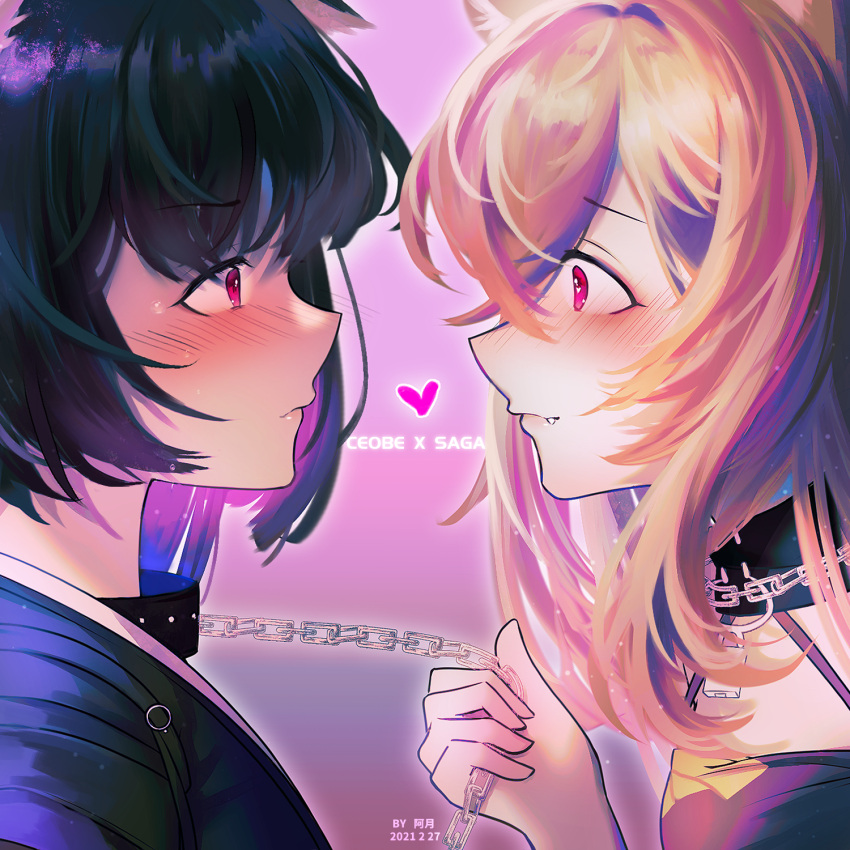 2girls, animal_ears, arknights, black_hair, blonde_hair, blush, ceobe_(arknights), chain