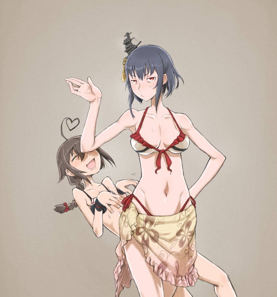 2girls, bikini, black_bikini, black_hair, braid, breasts, brown_background, closed_eyes