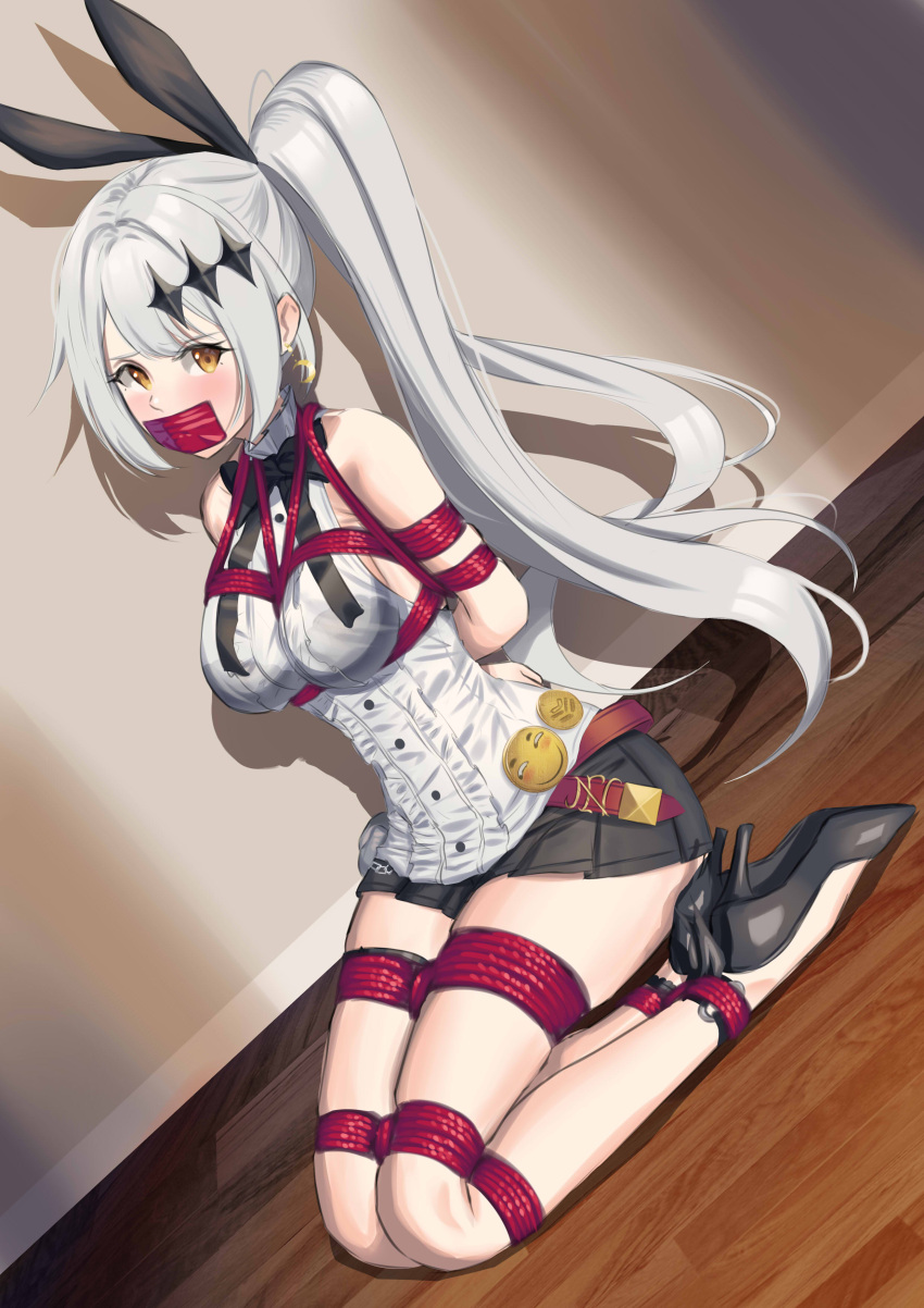 1girl, absurdres, arms_behind_back, bdsm, black_footwear, black_skirt, blouse, bondage, bound, bound_arms, bound_legs, breasts, brown_eyes, cailin020, crescent, crescent_earrings, earrings, five-seven_(girls_frontline), gag, gagged, girls_frontline, high_heels, high_ponytail, highres, improvised_gag, jewelry, long_hair, medium_breasts, miniskirt, pleated_skirt, ponytail, red_rope, rope, shibari, shibari_over_clothes, silver_hair, skirt, sleeveless_blouse, solo, tape, tape_gag, white_blouse