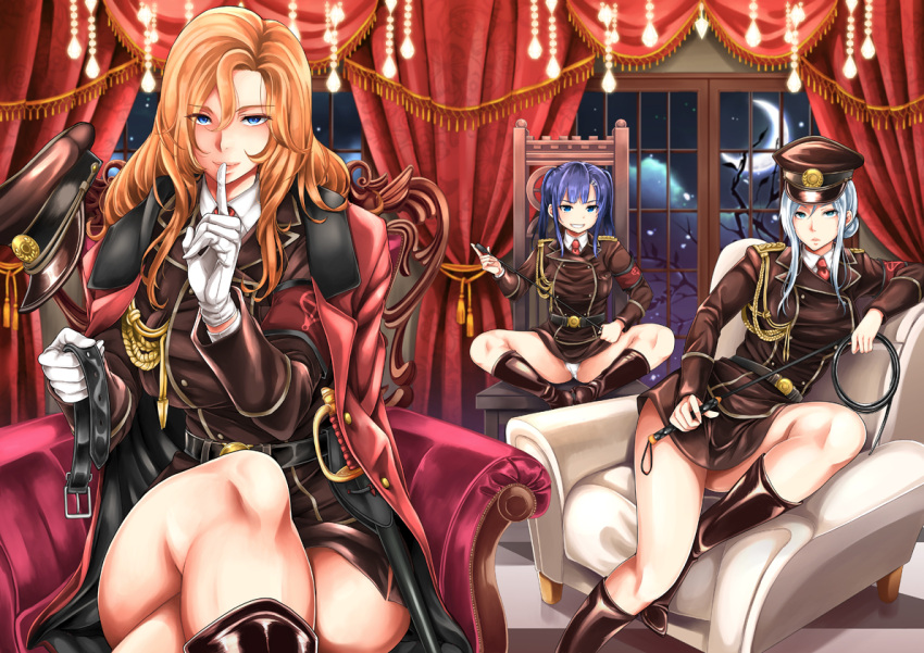 3girls, bare_legs, belt, blue_eyes, blue_hair, boots, breasts, clouds