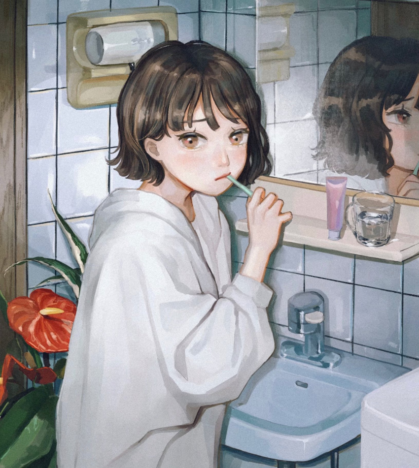 1girl, bangs, blush, brown_eyes, brown_hair, brushing_teeth, closed_mouth, expressionless
