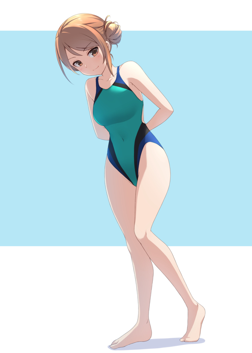 1girl, aqua_swimsuit, arms_behind_back, breasts, brown_eyes, brown_hair, commentary_request, competition_swimsuit