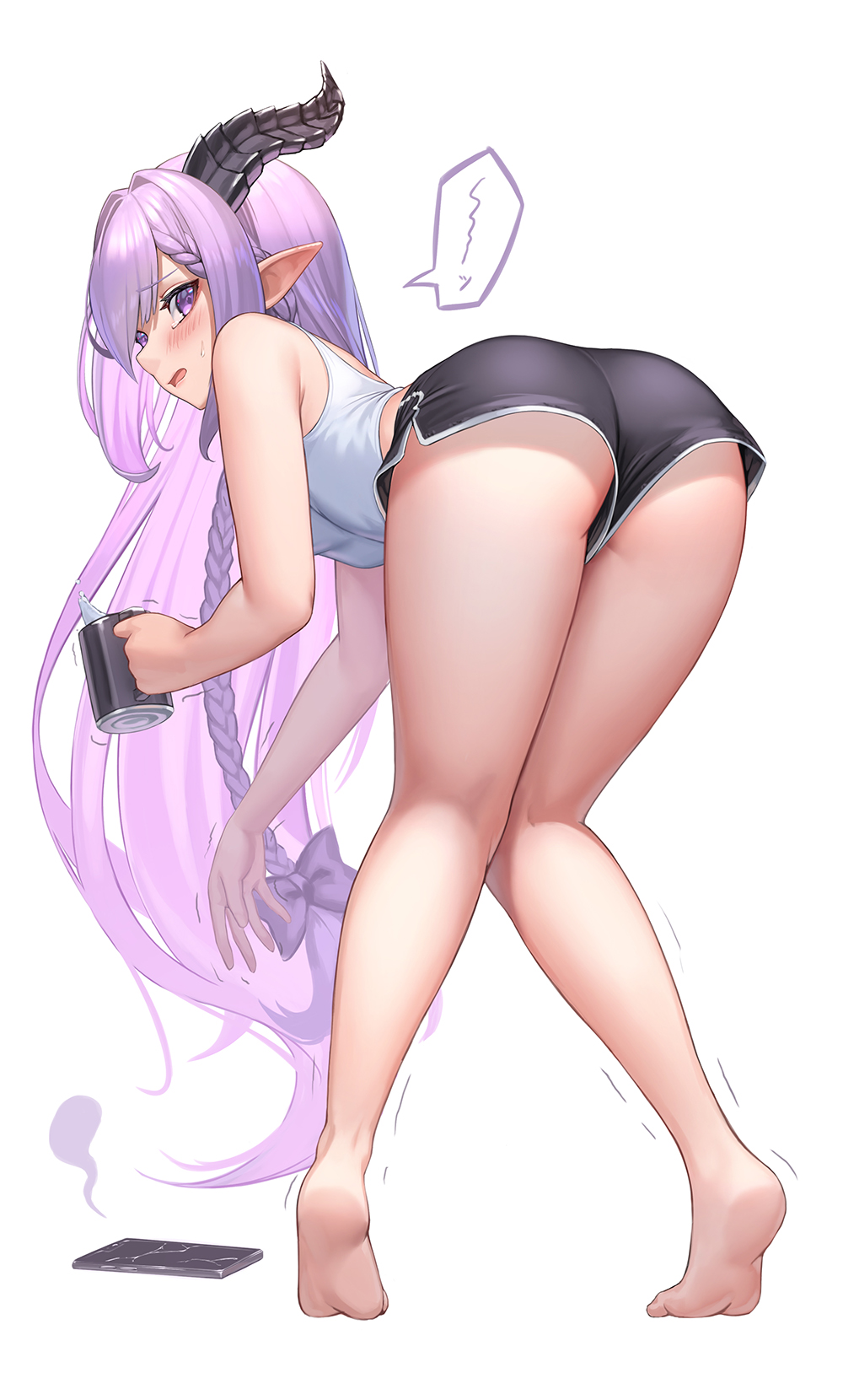 1girl, ass, bare_legs, barefoot, bent_over, black_shorts, blush, bow