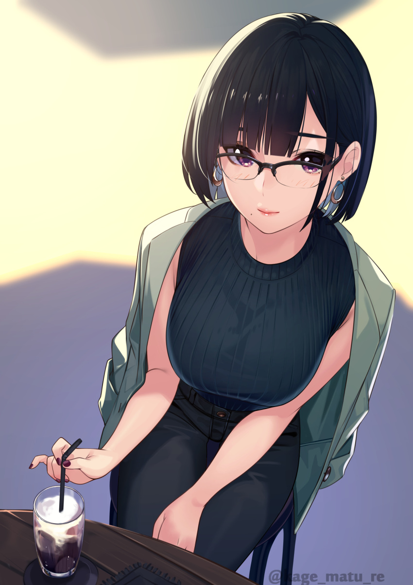 absurdres, bangs, black_hair, blunt_bangs, bob_cut, breasts, coaster, drink