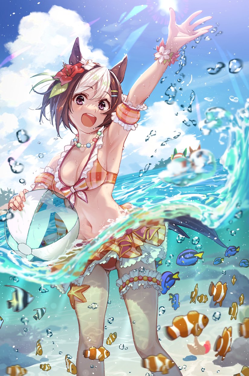 1girl, angelfish, animal_ears, arm_up, ball, bangs, beachball, bikini