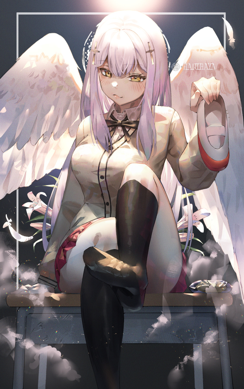1girl, :3, absurdres, angel, angel_wings, arm_support, bangs, black_legwear, blush, breasts, brown_cardigan, cardigan, commentary_request, cross_hair_ornament, eyebrows_visible_through_hair, feathered_wings, feathers, feet, flower, foot_out_of_frame, gabriel_dropout, hair_ornament, hani_haya, highres, holding, holding_shoes, huge_filesize, kneehighs, leg_up, light_purple_hair, long_hair, long_sleeves, looking_at_viewer, medium_breasts, no_shoes, raphiel_shiraha_ainsworth, red_skirt, school_uniform, shoes, shoes_removed, sidelocks, sitting, skirt, solo, uwabaki, white_flower, white_footwear, white_wings, wings, yellow_eyes